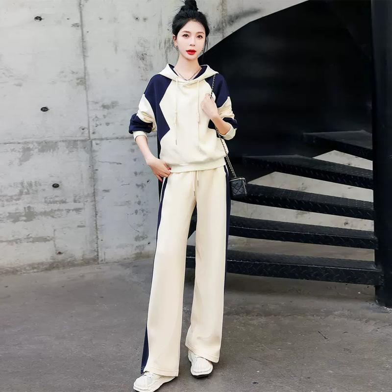 Early Autumn Casual Fashion Short Sleeve Patchwork Set Women's Wide Leg Pants Suit Korean Style Ladies' Ensemble