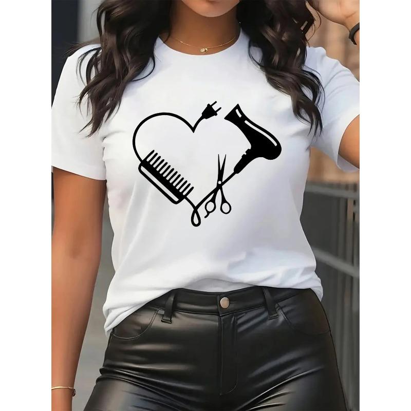 Women's Salon T-Shirt Heart Print Short Sleeve Stylish Comfort Top For Hairdressers Barbers