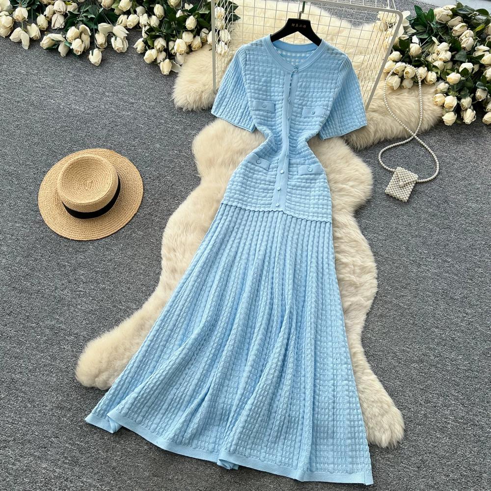 Summer Autumn Knitted Sweater Dress for Women Fashion Short Sleeve Single-breasted Hollow Out Elastic Simple Prom Dresses