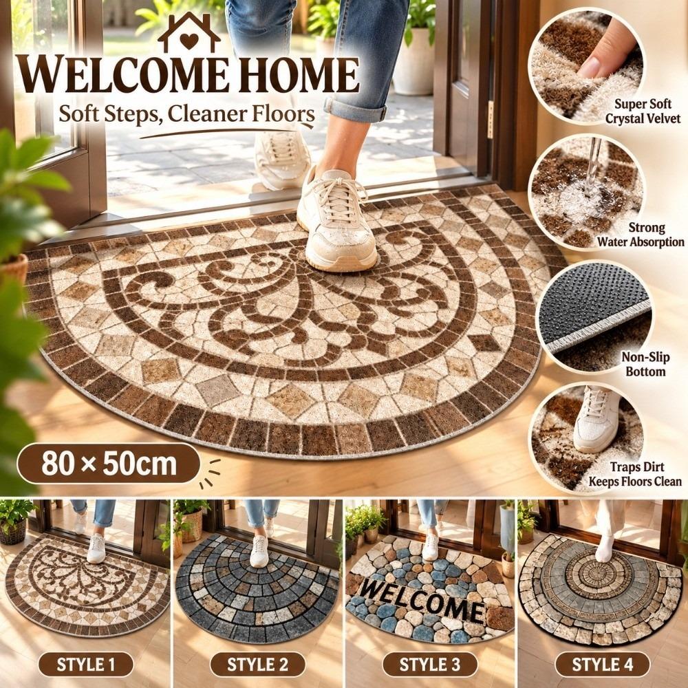 Absorbent Half Round Door Mat Anti-Slip Entry Mat Carpet Retro Semi Circular Doormat Household Use