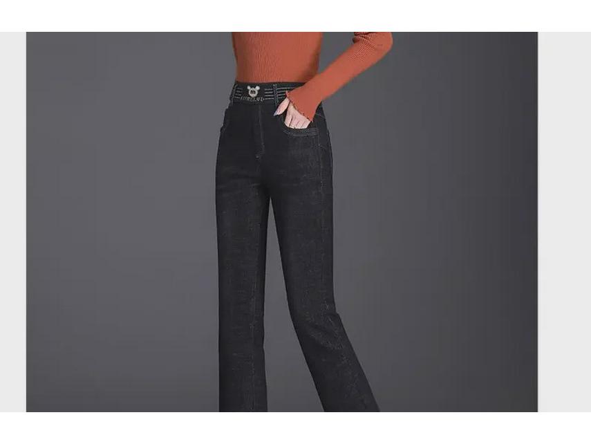 Blugi elastici cu talie înaltă de pluș pentru femei de iarnă 2023 - bumbac din piele de miel, pantaloni îngroșați cu micro-evazați