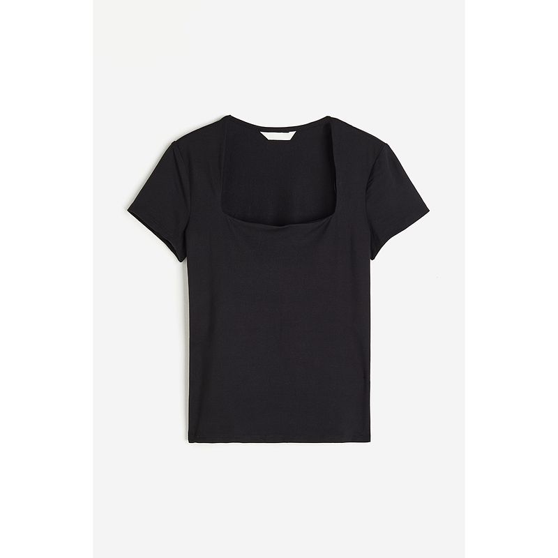 

HM Women s t-shirt 2025 Summer New Fashion Retro Simple Slim fit Gyaru Square Collar Top 1171543 Black 007 155/80
