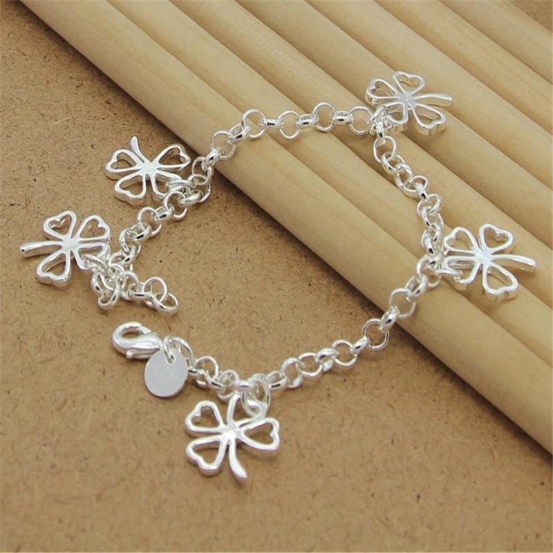 High Quality  Sterling  Bracelet Four Leaf Clover Bracelet 8 Inches For Women & Men Party Charm Jewelry Gifts