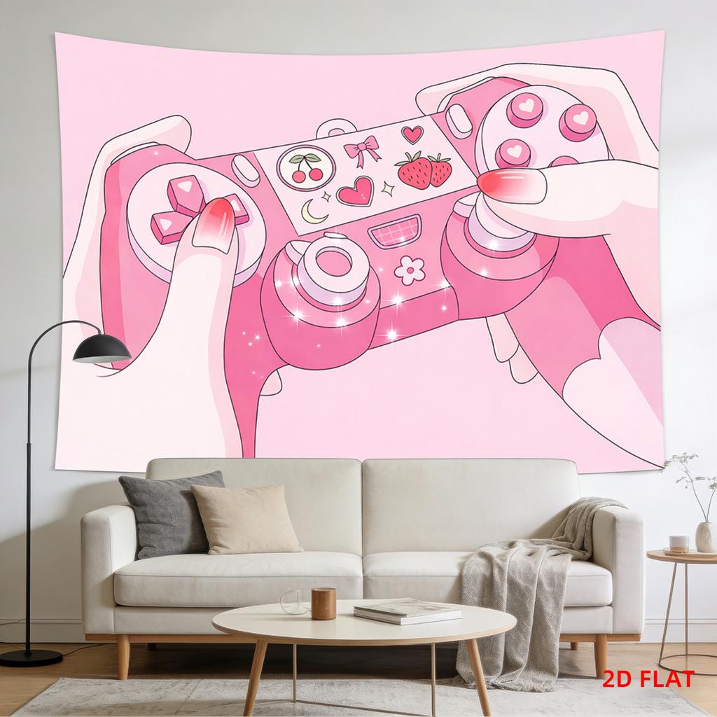 Pink Gamer Girl Tapestry Kawaii Strawberry Game Controller Wall Hanging Aesthetic Room Decor for Bedroom Living Room
