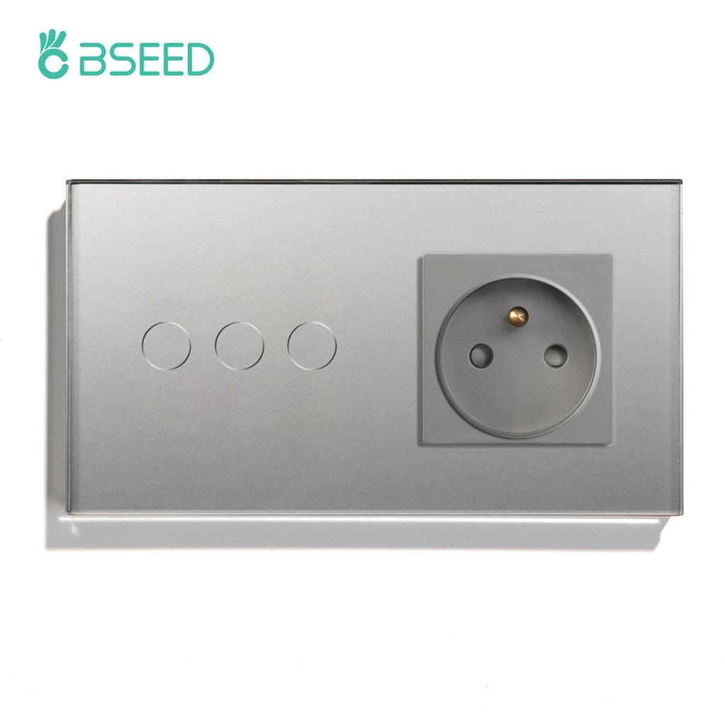 BSEED 1/2/3Gang Touch Light Switches 1Way Sensor Switch With Type-C USB French Wall Sockets Glass Panel Blue Backlight Gray