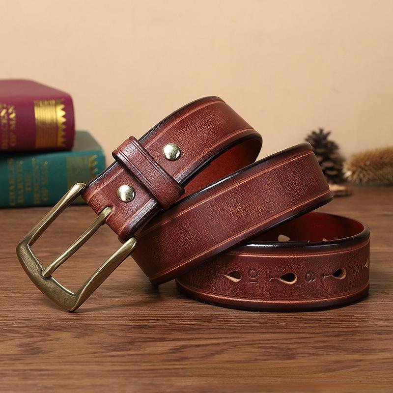 Belt Men's Retro Hand-Rub Color Distressed Pure Cowhide Leather Pin Buckle Fashion Trendy Korean Style Brass Buckle Belt