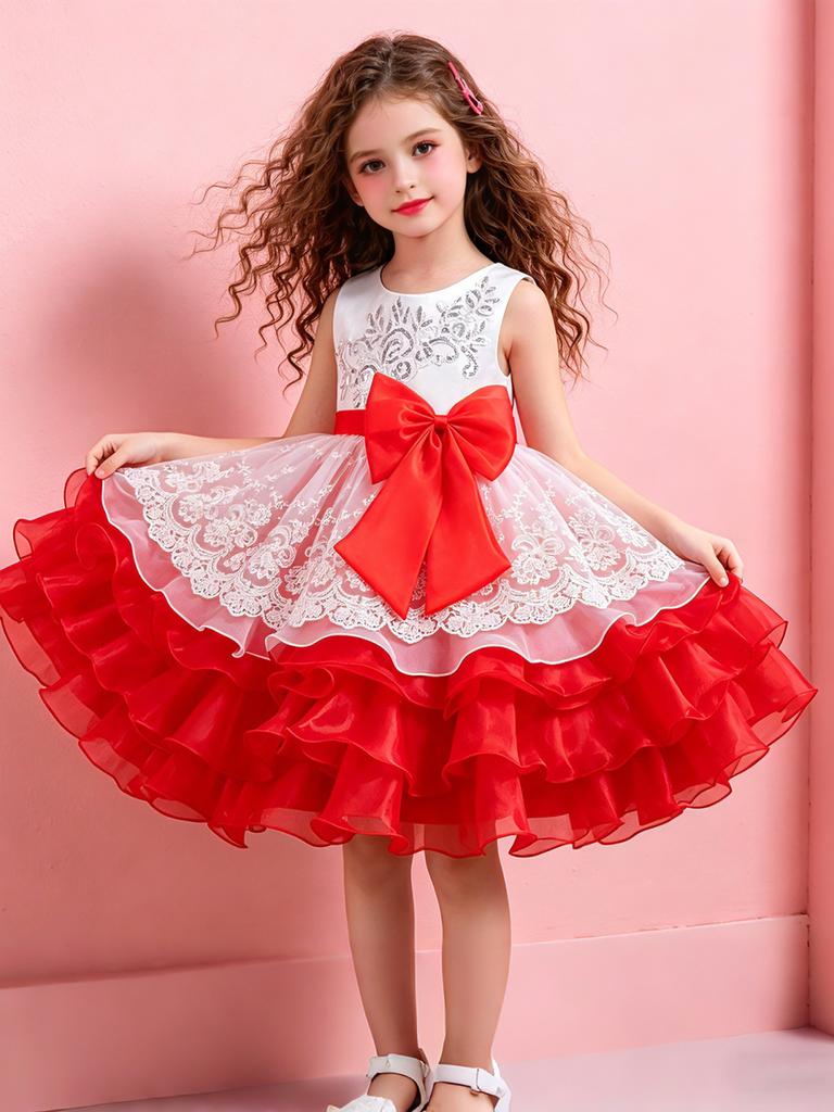 Girls Bow Flower Wedding Party Birthday Party Tutu Dress Stage Performance Costume