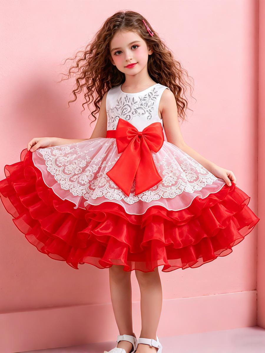 

Girls Bow Flower Wedding Party Birthday Party Tutu Dress Stage Performance Costume 160cm темно-червоний колір