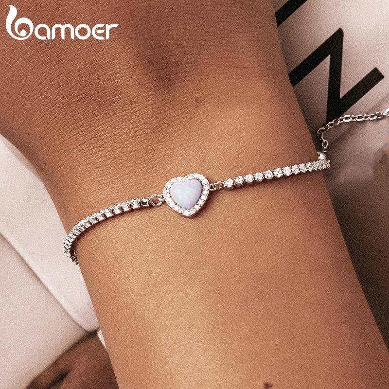 BAMOER Neue Ankunft Authentische 925 Sterling Silber Opal Herz-Förmigen Anhänger Armband Fit Frauen Sterling Silber Schmuck Geschenk