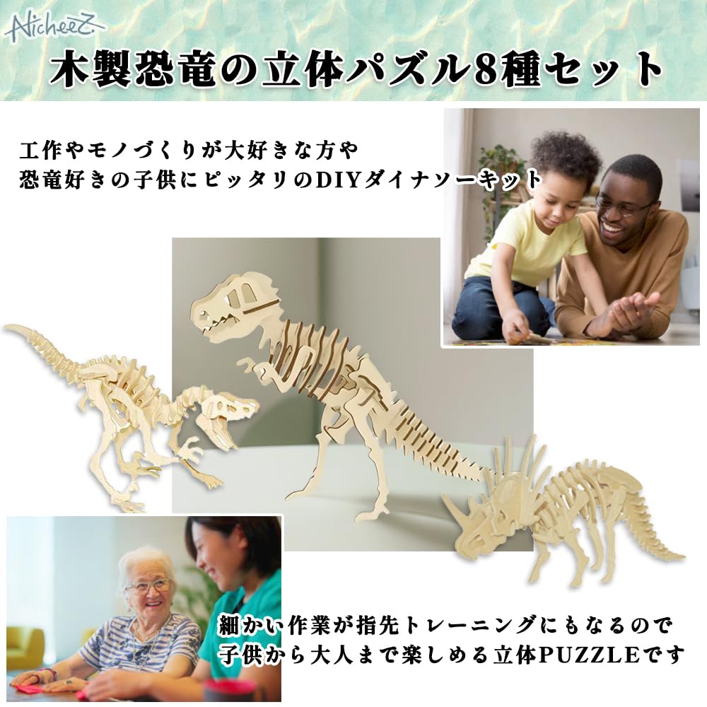 Nicheez 3D Wooden Puzzle Building Set of 8 Interior Educational Gift Kit, Dinosaurs, Model,