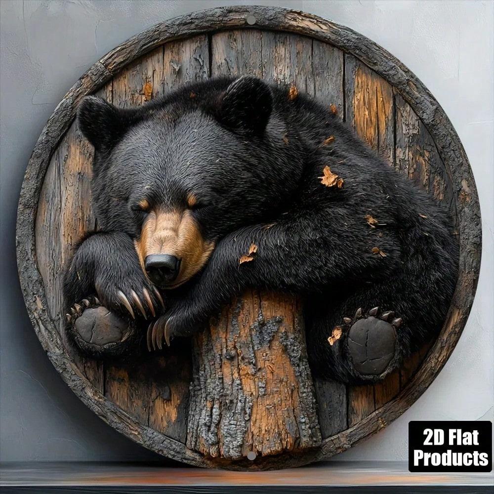 Round Black Bear Metal Wall Art Sign Durable Aluminum Decorative Plaque