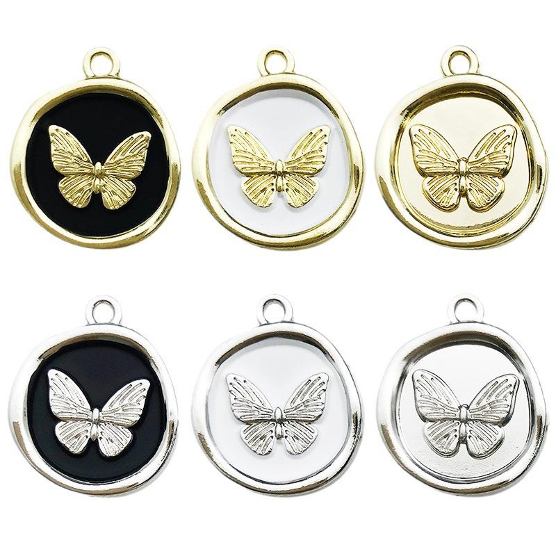 1 KC Gold/White K Alloy Round Butterfly Pendant Necklace, 18x21mm DIY Jewelry Accessory