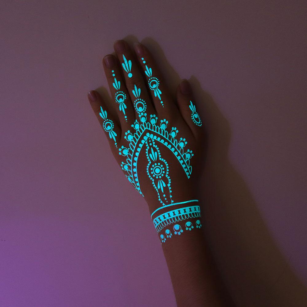 1 ورقة تاتو حنة بيضاء وشم مؤقت أزرق مضيء لليد