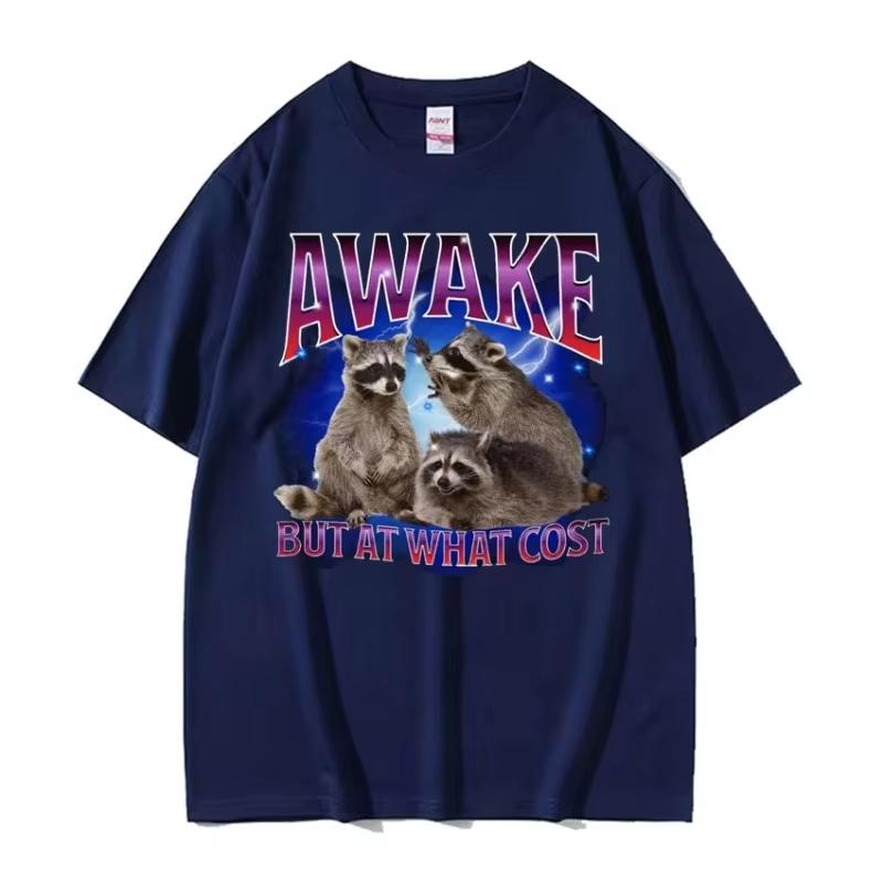 Awake But At What Cost Meme T Shirt Retro Raccoon Funny Gift T Shirts Men Womens Clothing ONeck Summer Short Sleeve Tshirt