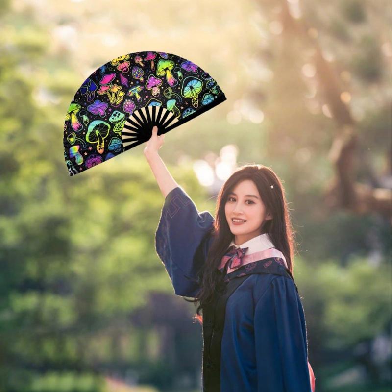 Glow Party Decorations Supplies.Mushrooms Folding Fan, Uv Glow Rave Fan Festival Fan, Silk Chinese & Japanese Palm Fan