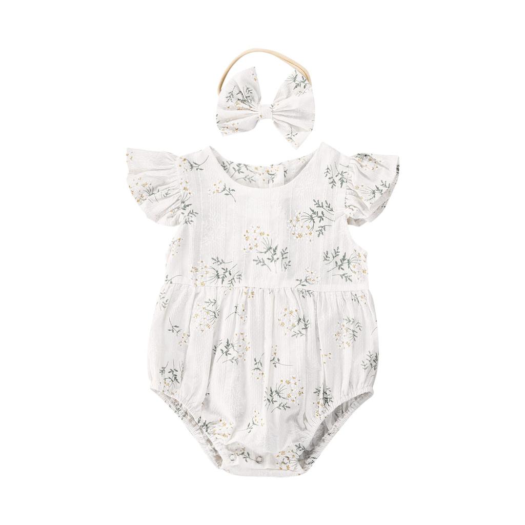 Newborn Infant Baby Girls Romper Cotton Fly Sleeve Floral printed Jumpsuit With Headband Toddler Soft Clothes Outfits