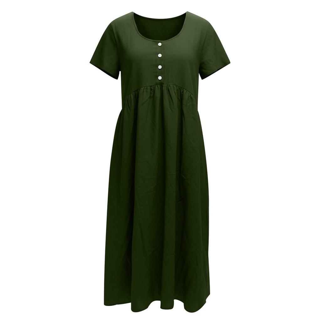 Women's Fashionable Color Cotton And Linen Round Neck Short Sleeved Pocket Casual Loose Beach Vacation Dress