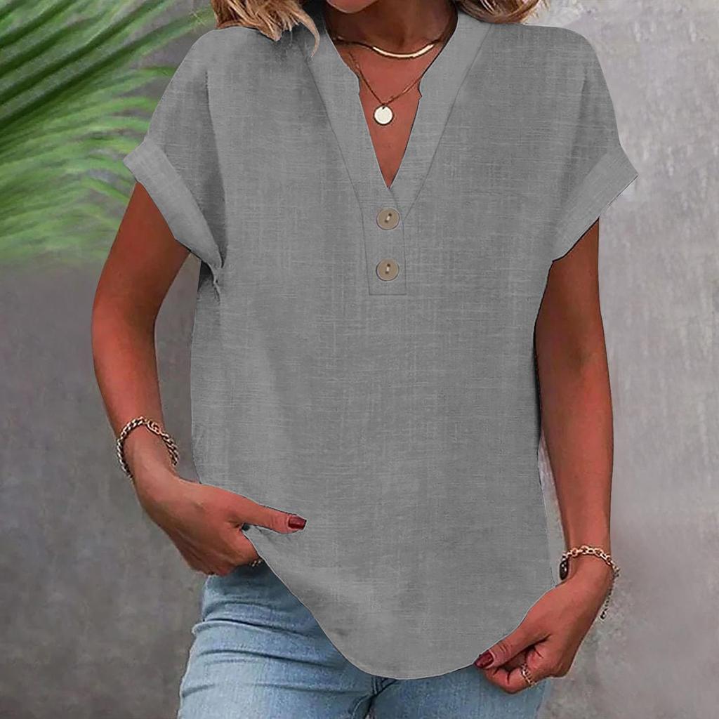 Summer Cotton Linen Breathable Solid Color Button Down V-neck Shirt Basic And Versatile Casual Comfortable Lady Office Tops