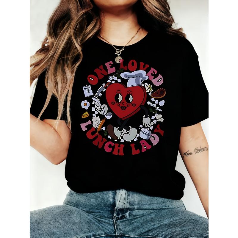 European Size One Loved Lunch Lady Heart Pattern Print | European and American Fashion Casual Round Neck Short Sleeve T-shirt