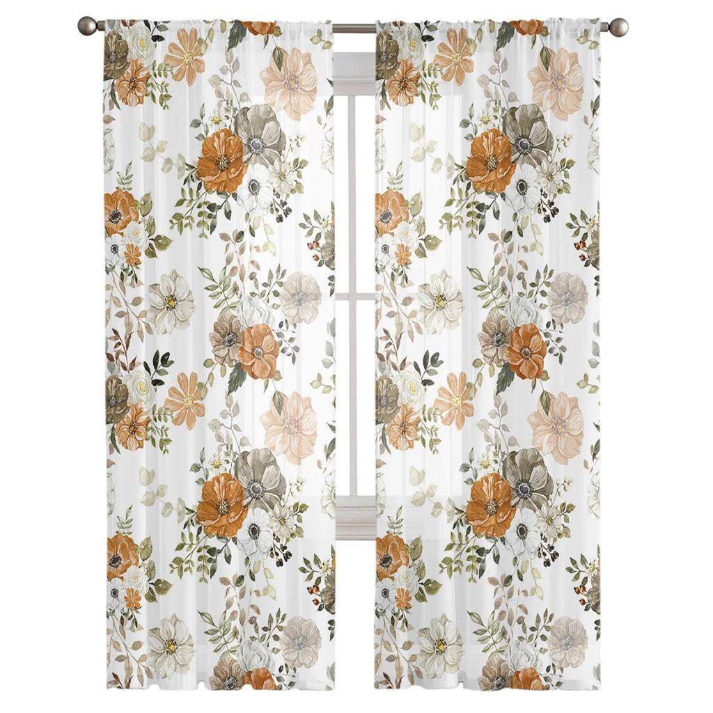Autumn Flowers Eucalyptus Leaves White Pumpkin Voile Sheer Curtains Living Room Tulle Window Curtain Bedroom Drapes Home Decor