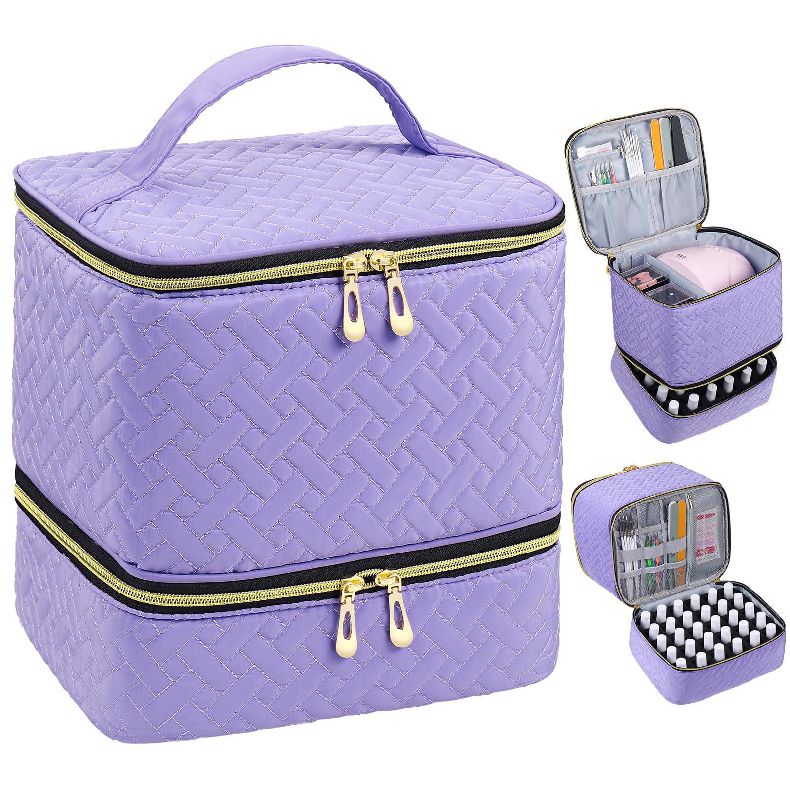 

Double-Layer Quilted Nail Polish Bag: Holds 30 Bottles & Lamp for Travel фиолетовый