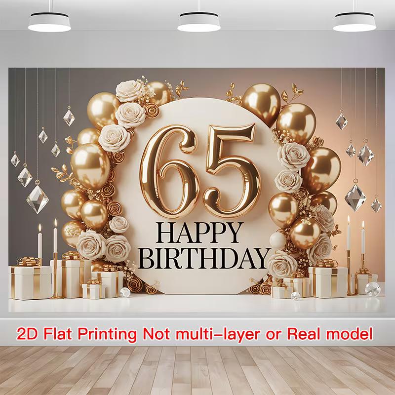 Sfondo Floreale Bianco Oro 2D per il 65° Compleanno - Elegante Banner di Sfondo per la Celebrazione del 65° Compleanno