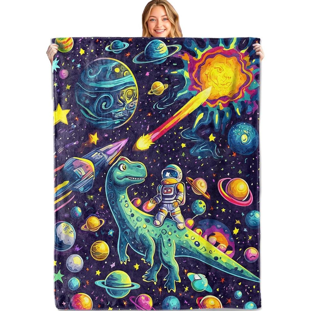 Space Adventure Dinosaur Throw Blanket,Soft,Lightweight Flannel,Astronaut Dino Planet Blankets - Gifts for Kids Boys Gir