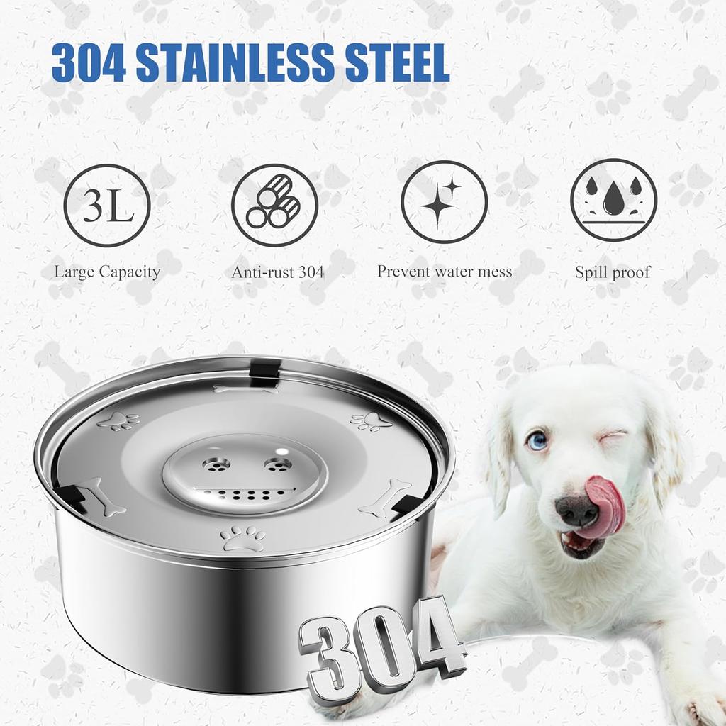 Dog Water Bowl, 3L Large No Spill Dog Bowls, Stainless Steel Water Bowl Dispenser Spilling Proof for Dogs, 101 Oz Non-Skid Pet Water Feeder,Slow