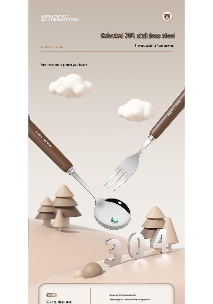 304 Stainless Steel Cartoon Bear & Rabbit Portable Cutlery Set - Chopsticks, Fork & Spoon for Students & Outdoors