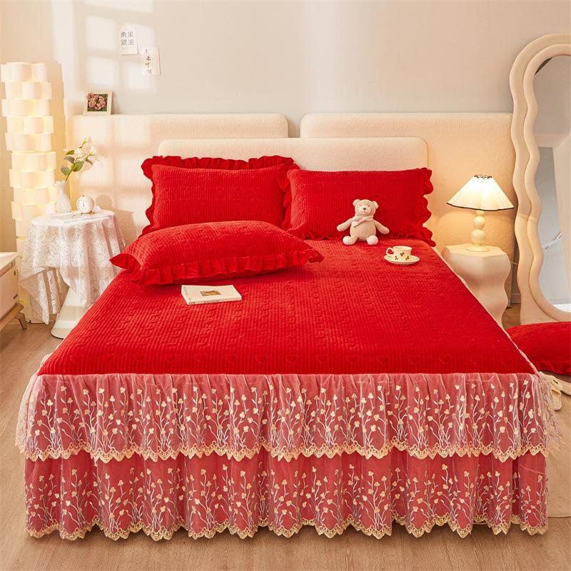Jupe de lit en Fiber de lait d'hiver, couvre-lit matelassé en dentelle, épais et chaud, couverture de matelas en polaire pour bébé, literie en molleton de corail
