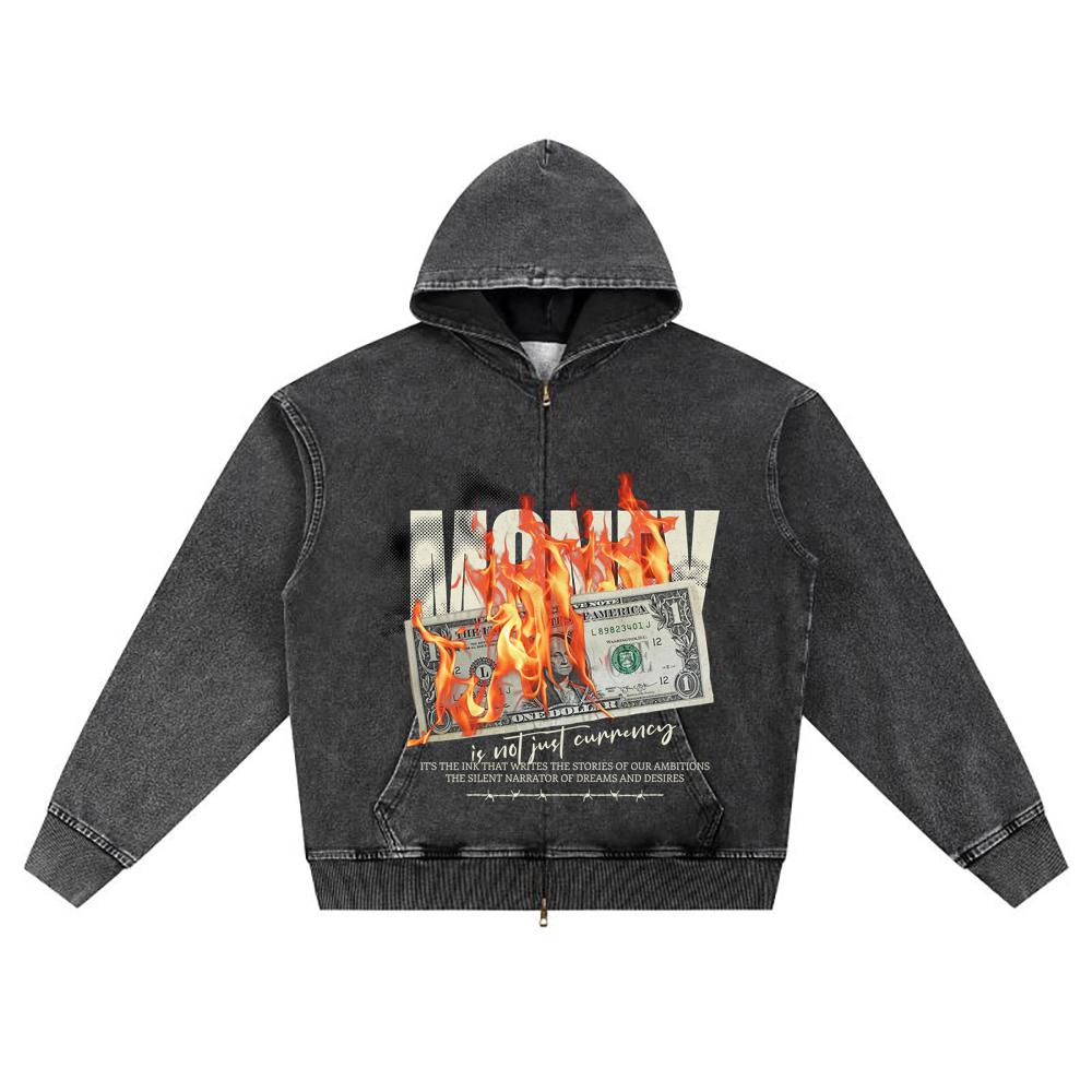 DTG print Knitted Denim Zip-Up Hoodie Money Power Brother Print Zipper Hoodies