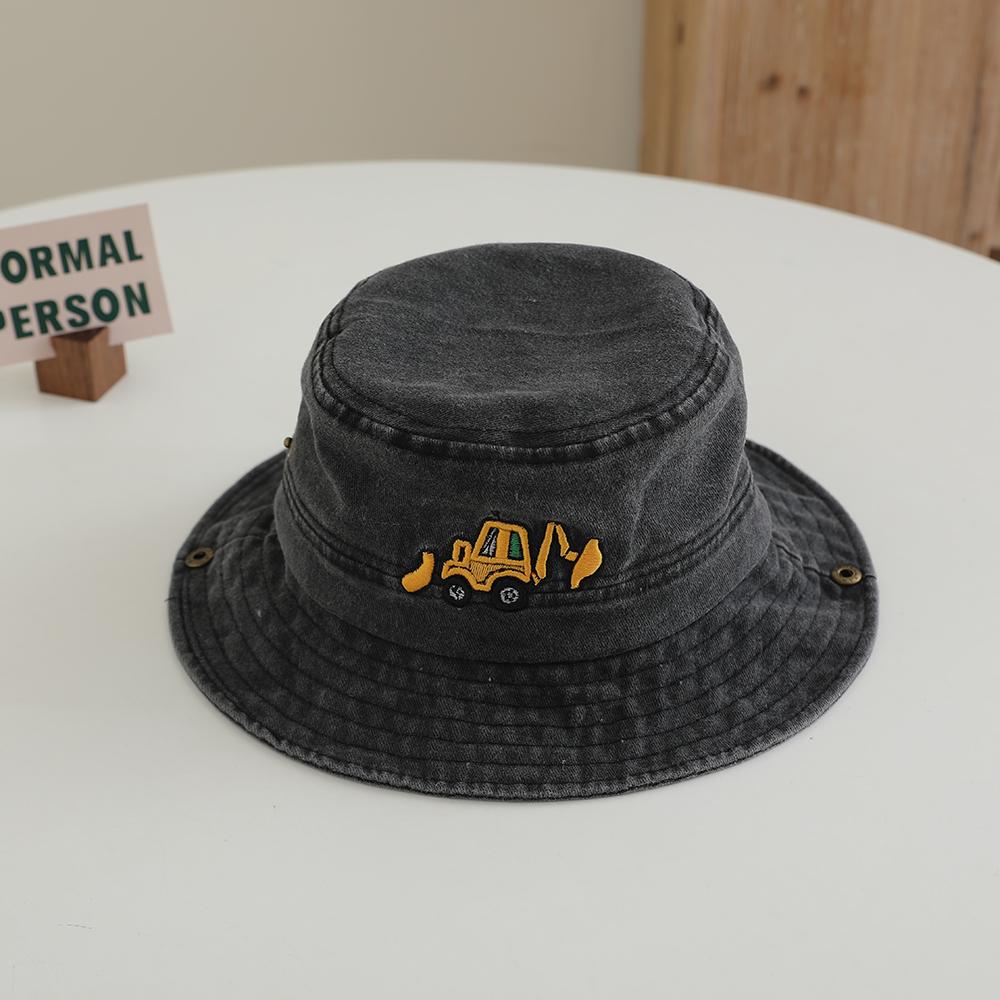 

Korean version washed flat-top basin cap with children s cartoon embroidery, with an embroidered edge and fisherman style hat One Size