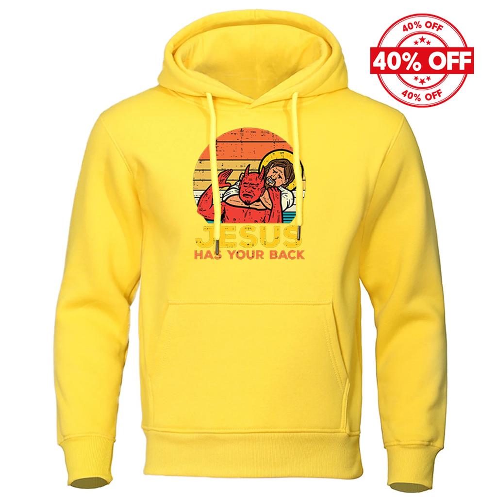 2025 Spring And Autumn Man's Solid Color Popular Coat Jesus Has Your Back Jiu Jitsu Retro Christian Logo Print Pullover Hoodies