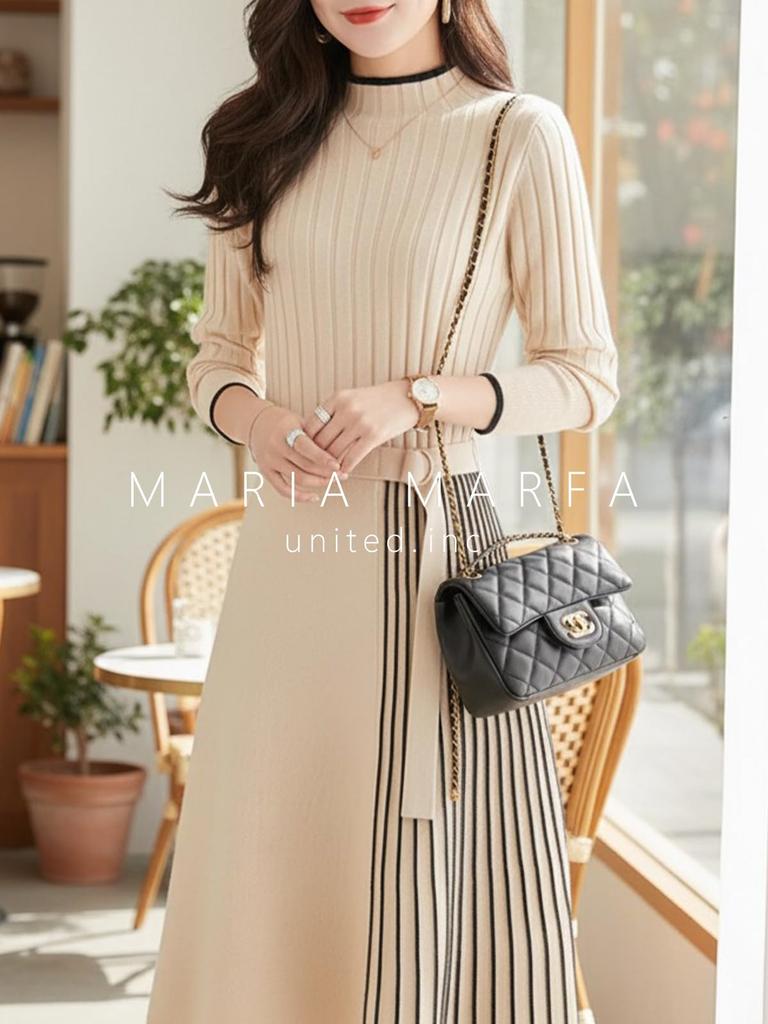 MARIA MARFA Ribbed Knit Tight Elegant Dress for Office and Party Size M Dress, Fall/Winter, Fit, Two-Tone, Wear, Ivory, (5A-M11-IVM)