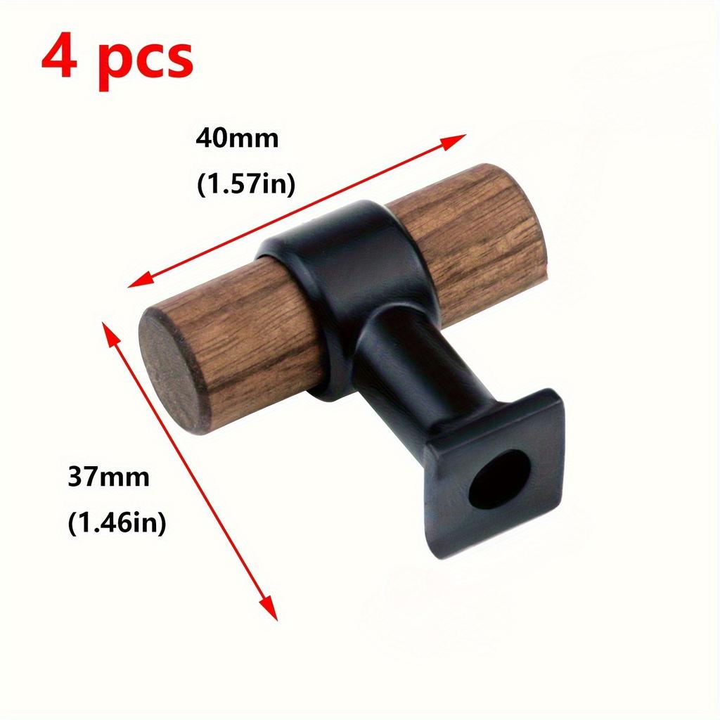 4 Pcs Elegant Walnut Wood Drawer Pulls with Black Metal Base, Single Hole Cabinet Handles, 1.57" Total Length - Ideal for Kitchen, Wardrobe Furniture