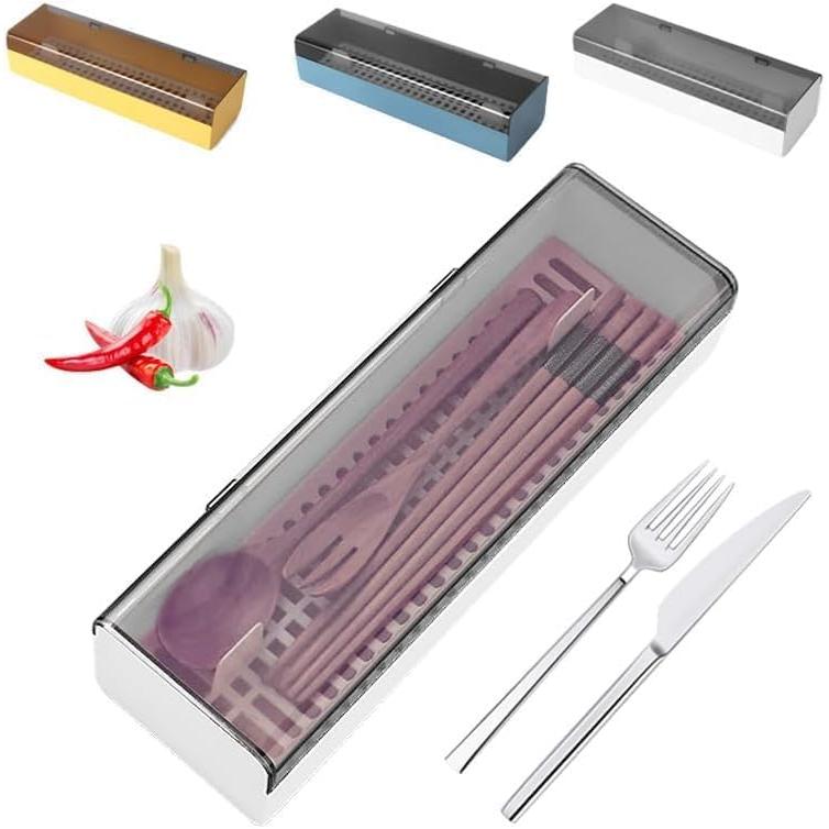 Cutlery Case with Lid, Cutlery Storage with Drainage, Chopstick Holder, Large Capacity, Dustproof Kitchen Storage Box, Plastic, Lid, Tableware for