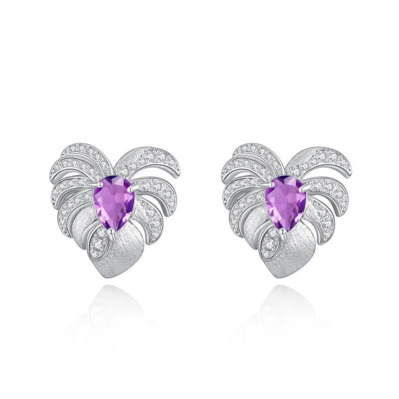 S925 Silver Feather Stud Earrings, Natural Amethyst Citrine Crystal Jewelry for Women alive