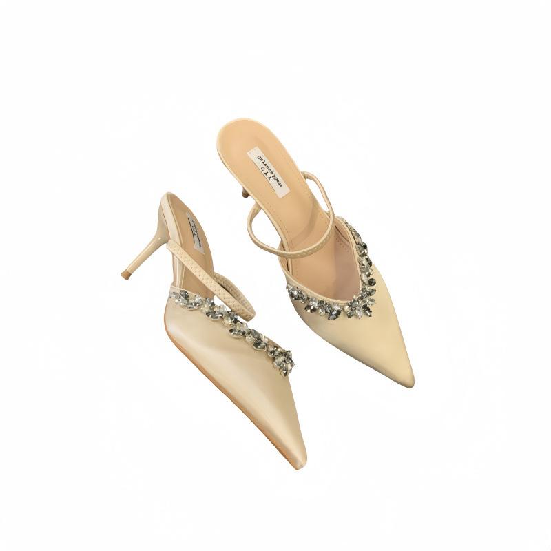 Spring new pointed rhinestone high heel thin heel champagne one-word strap sandals bag head drag women's shoes single shoes