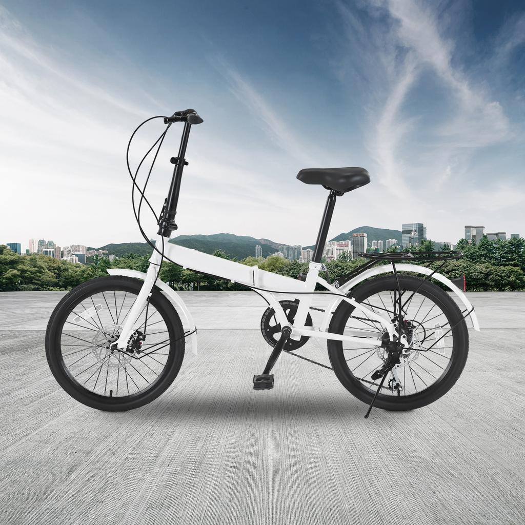 20In White Iron T-shaped 7-speed Seat Height Adjustable Folding Bicycle, City Bicycle with Disc Brake for Traveling & Exercising