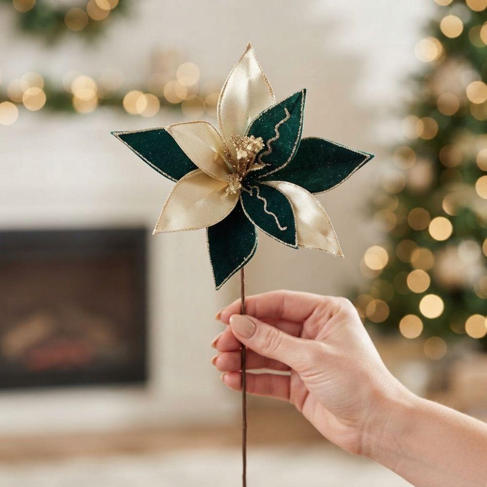 Velvet Texture Artificial Christmas Flower Glitter Edge Xmas Floral Decor  Tabletop Display