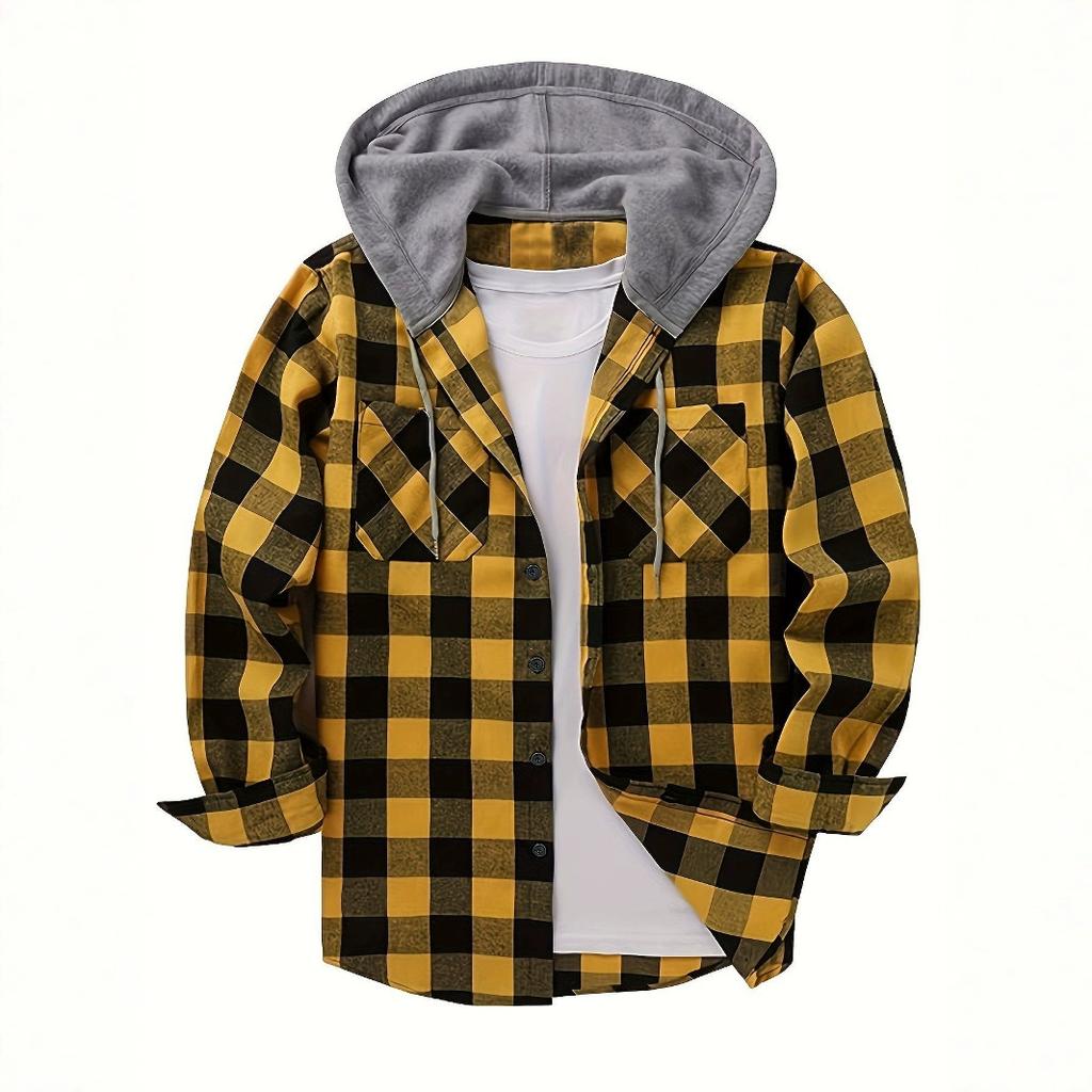 Men's Fall-Design Hooded Checkered Sweatshirt, Flannel Hoodie