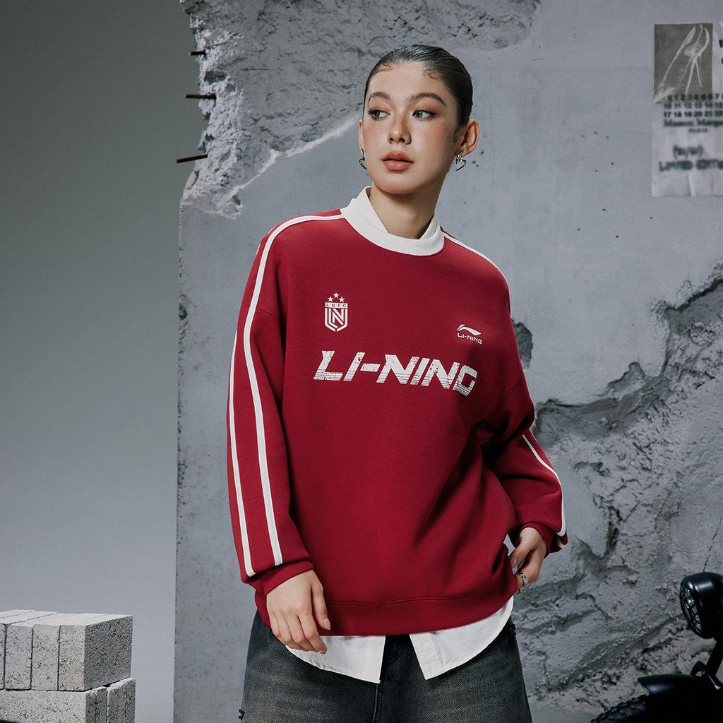 Li-Ning Sports Lifestyle Series Round Neck Loose Retro Color Block Letter Stripe Versatile Sweatshirt Unisex Sweatshirt Deep-Burgundy AWDVF87-6