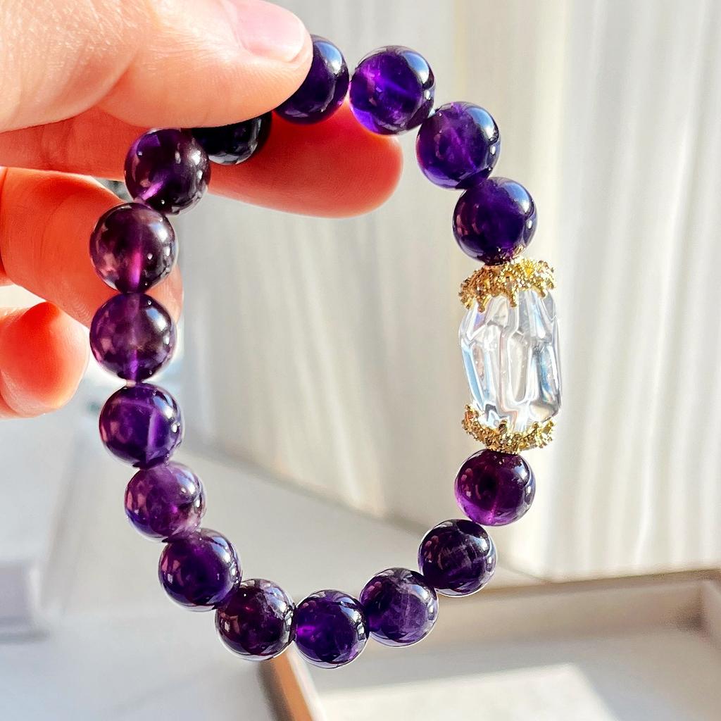10Mm Mystery Grape Purple Natural Amethyst White Crystal Design Bracelet Bracelet