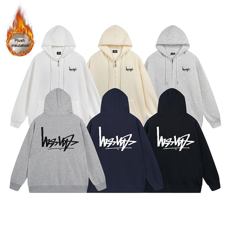 

Stussy осень-зима утолщенный и флисовый высококачественный хлопок Stussy с буквенным принтом и перевернутым принтом на молнии с капюшоном