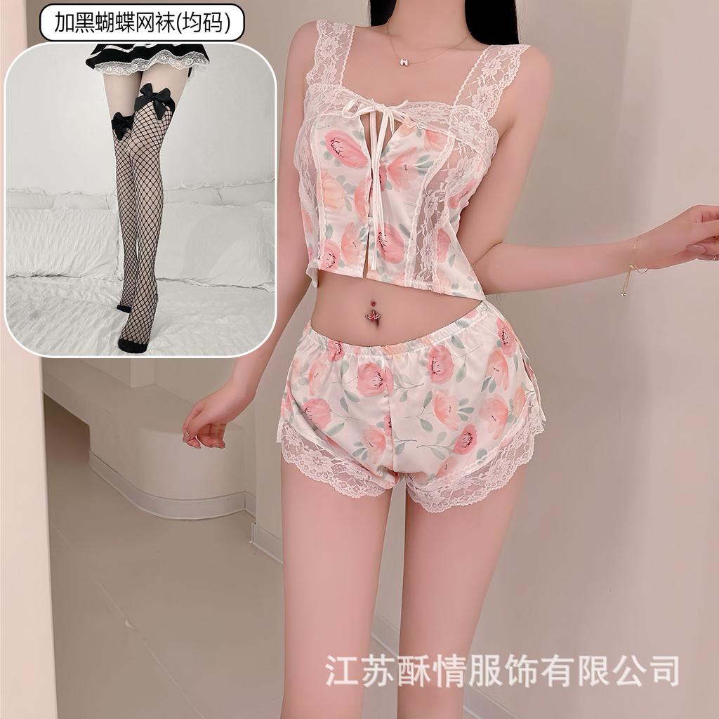 Crispy Sexy Sweet and Spicy Women's Summer Ice Silk Thin Pure Desire Suspender Shorts Two-piece Set Lace Temptation Set