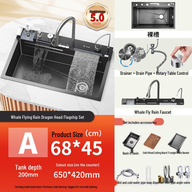 

Whale 5MM Extra Thick Honeycomb Rain Single Bowl Kitchen Basin with Digital Display, Stainless Steel Vegetable Wash Sink.