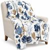 Coastal Starfish Seashell Coral Flannel Throw Blanket, Blue Ocean Nautical Print Soft Warm Lightweight Blanket for Sofa Bed Beach Home Decor Gift