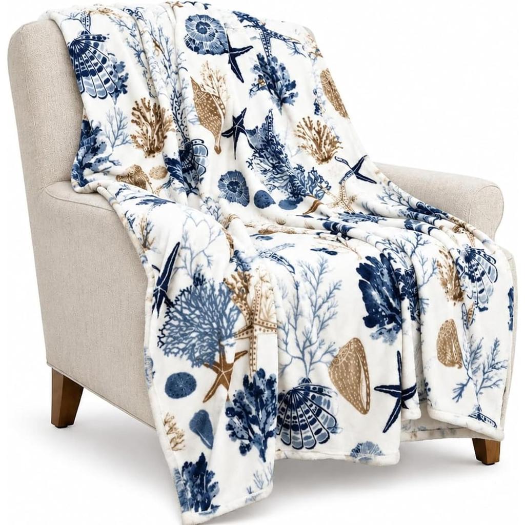 Coastal Starfish Seashell Coral Flannel Throw Blanket, Blue Ocean Nautical Print Soft Warm Lightweight Blanket for Sofa Bed Beach Home Decor Gift