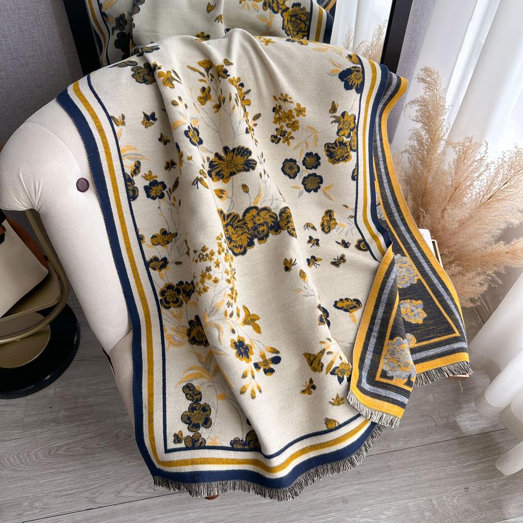 Autumn And Winter Scarf Women'S Versatile Imitation Cashmere Thickened Warm Shawl Double-Sided Imitation Cashmere Dual-Purpose Flower
