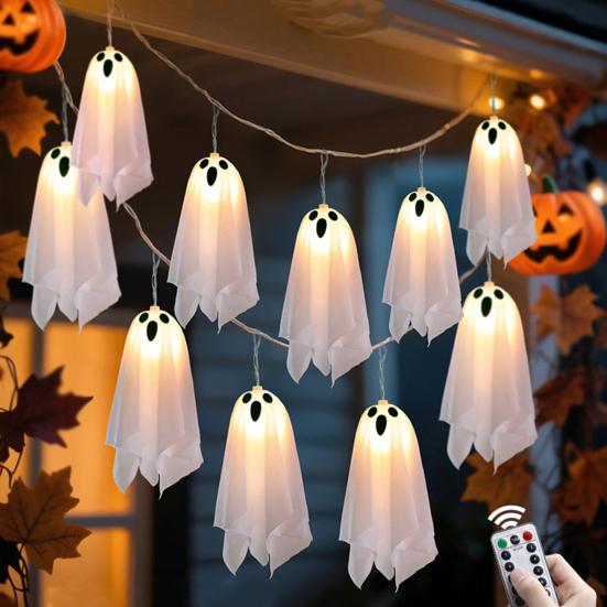 10 ks Halloweenská závěsná svítící dekorace duchů Strašidelný bílý látkový duch se světelným řetězem pro výzdobu přední verandy, dvora, trávníku, zahrady